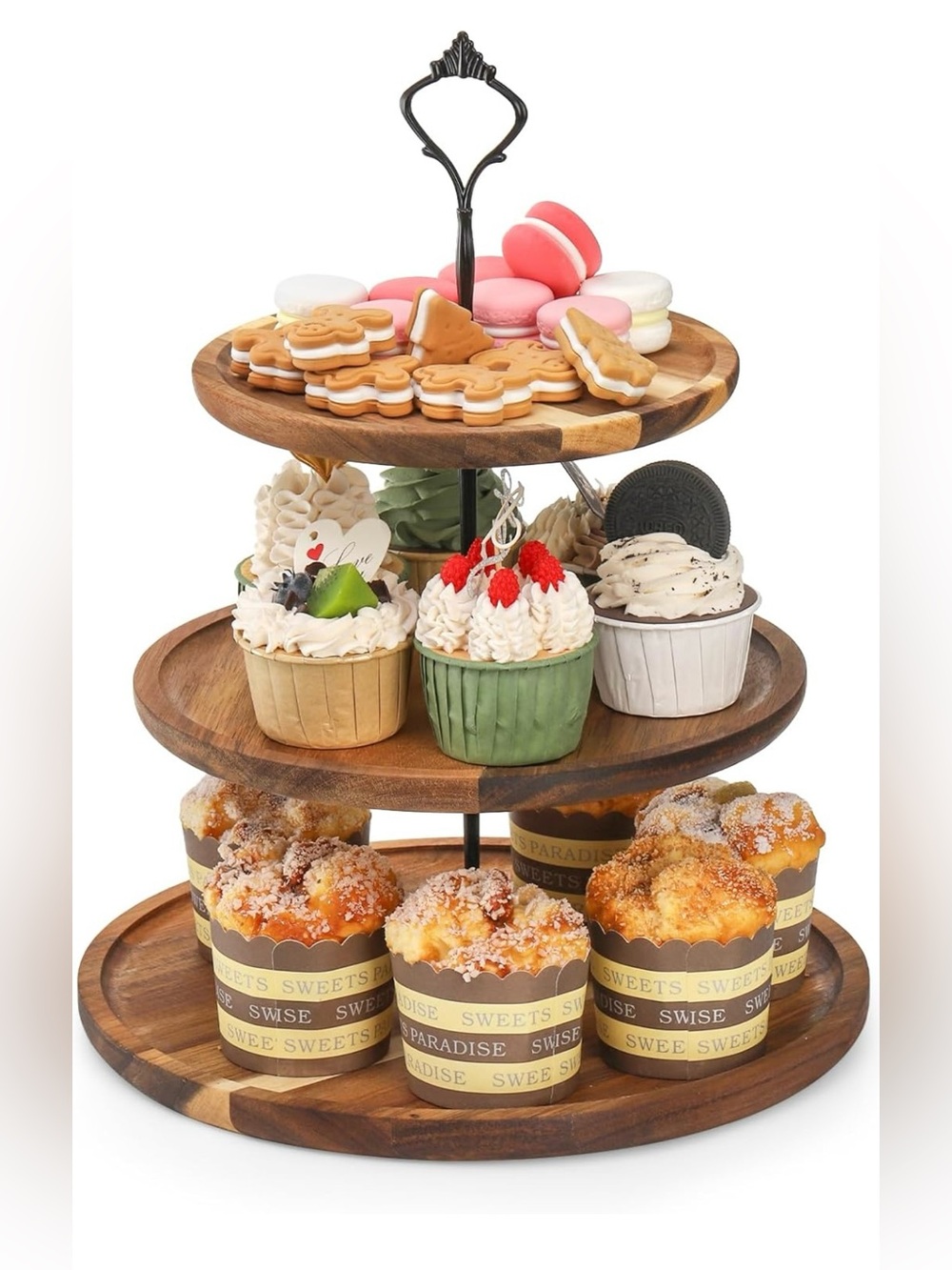 3-Tier Acacia Wood Cupcake Stand, Wooden Cupcake Tower Tiered Dessert Display